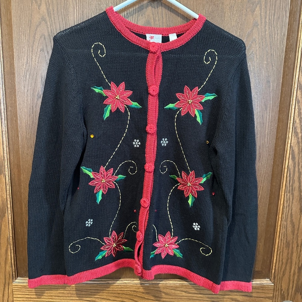 Holiday Editions Black Red Poinsettia Christmas‎ Sweater Cardigan S
